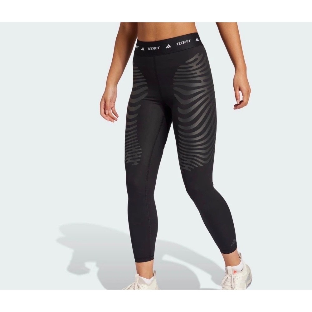 Adidas Womens Size Large Control 7/8 Tights Black Grey Zebra Techfit JE0097 New